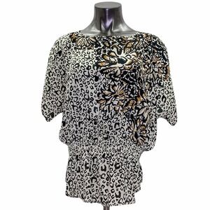 RAFAELLA Floral Animal Print Smocked Dolman Blouse